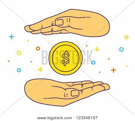 Vector flat style on background. Illustration of bank technology and services for presentation. Dollar gold coin in hand. Investment and exchange. Keeping the money in bank deposit account. Save cach.