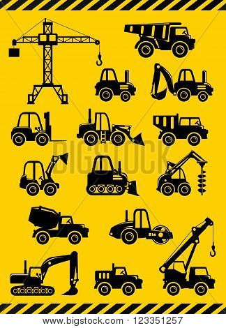 Different kind of toys heavy equipment and machinery isolated on yellow background.