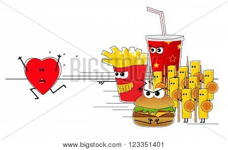 Conceptual illustration of a heart running away from an evil fast food army. Eps10