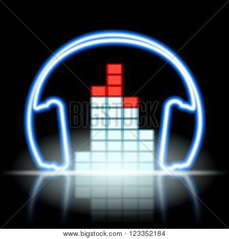 Neon icon musical equalizer and headphones. Stock vector illustration.