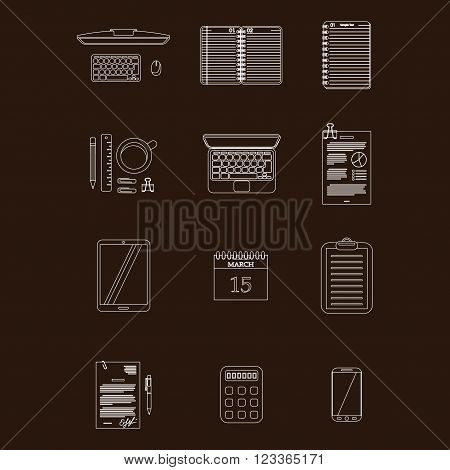 White stroke worktable icons isolated on dark background. eps10