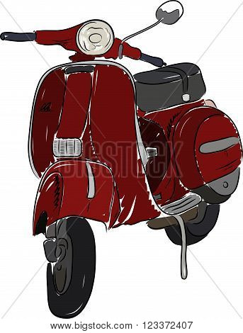 Red scooter isolated on white background. Hand-drawn sketch. Art vector illustration for your design