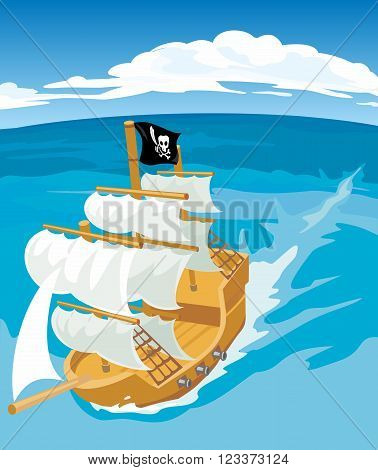 Old sailing ship with pirate flag. Vector flat illustration for web poster