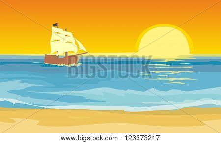 Sailboat floating on the sea. Sunset. Vector flat illustration