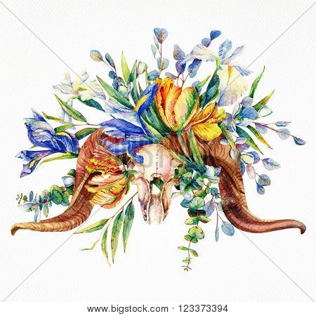 Composition of tulips irises and the head of the animal.