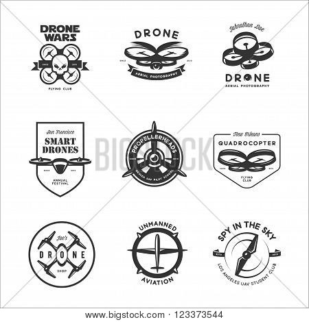 Vector set of drone flying club labels, badges and design elements.