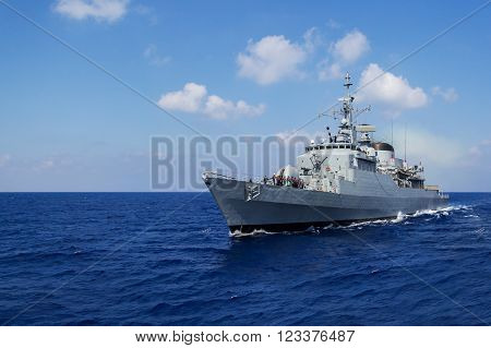 a big warship drives in mediterran sea