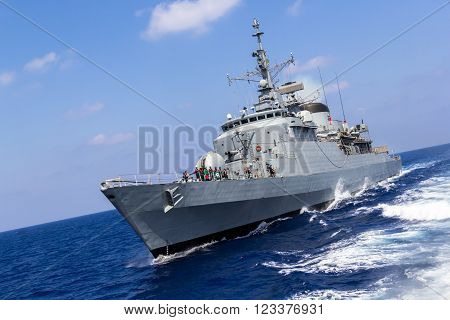 MEDITERRAN SEA / LEBANON - NOVEMBER 2015: warship drives in mediterran sea / lebanon at november 2015.