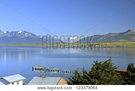 View of the Torres del Paine from Puerto Natales in Chile
