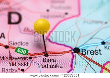 Photo of pinned Biala Podlaska on a map of Poland. May be used as illustration for traveling theme.