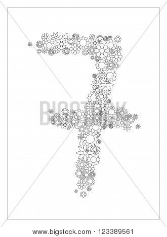 Floral number 7, number seven  from flowers coloring page vector illustration, DIY postcard with the place for text, black and white flower ornament for typography