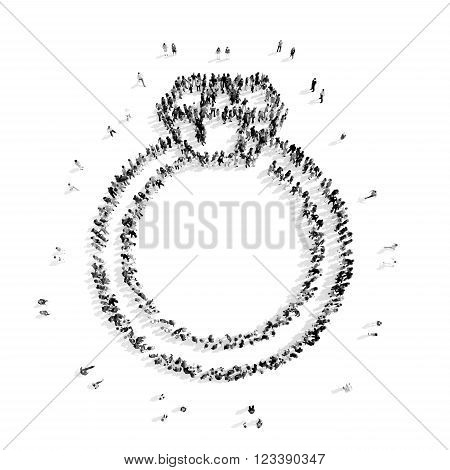 A group of people in the shape of a ring with Briliant, flash mob.3D illustration.black and white