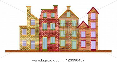 Facade of four dutch Amsterdam Holland colourful houses on white
