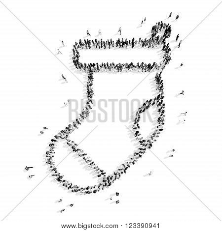 A group of people in the shape of a sock, christmas, flash mob.3D illustration.black and white