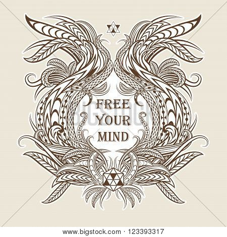 Motivation Free your mind in ethnic frame. Text lettering of an inspirational saying. Quote Typography Poster Template. Vector illustration.