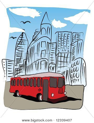 Röd buss i staden