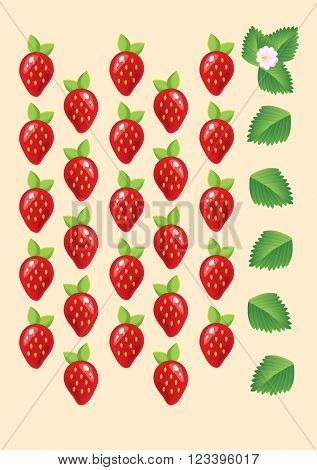 Ripe Juicy Red Strawberries Isolated With Leaves And Flowers. Vector
