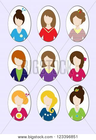 Cute Illustrations Of Beautiful Young Girls With Various Hair Style. Vector