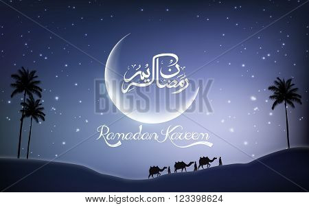Illustration of Ramadan kareem with camel walks through in desert on night day