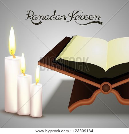 Illustration of Open holy Islamic religious book Quran Shareef with wax on shiny white background