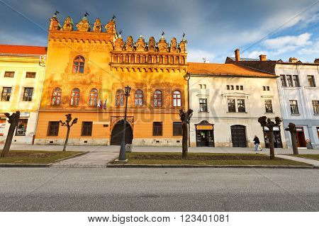 LEVOCA, SLOVAKIA - MARCH 18, 2016: Houses in the main square of UNESCO listed medieval town of Levoca in eastern Slovakia, on March 18, 2016.
