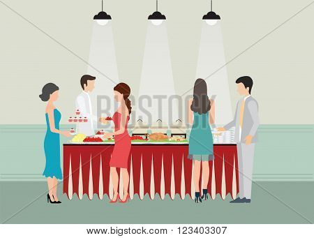 Buffet Dinner Dining Food Celebration Party Buffet table with many food roasted Turkey salad spaghetti lobster and fruit vector illustration.