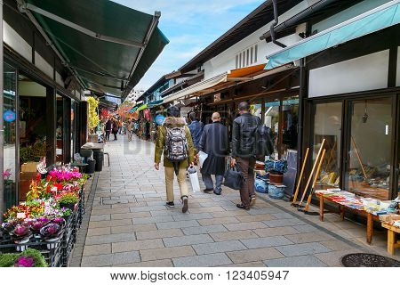 MATSUMOTO JAPAN - NOVEMBER 21 2015: Nawate Dori a shopping street that gives the feel of city's history as a castle town with around 50 shops vary from antique dealers and 'dagashi' candy stores