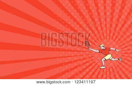 Business card showing illustration of a tennis player holding racquet playing tennis doing a forehand shot viewed from the side set on isolated white background done in cartoon style.