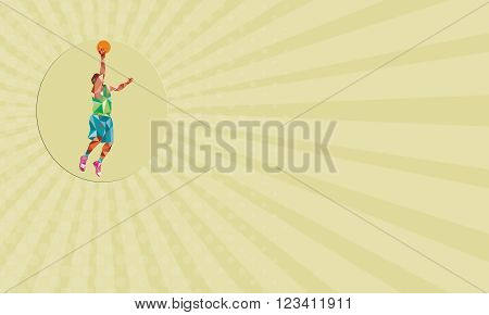 Business card showing Low polygon style illustration of a basketball player lay up rebounding ball set inside circle.