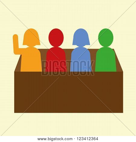 Group of male and female figures in a box or panel with one figure raising a hand to answer a question in school or on a quiz team