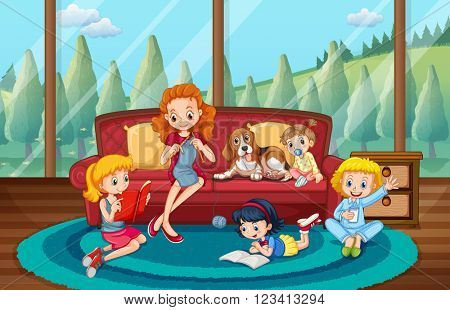 Family members doing things in living room illustration