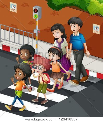 People crossing the road at the zebra  crossing illustration