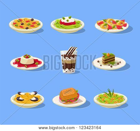 Italian Dish Set Flat Vector Cartoon Style Funny Drawing On Light Blue Backgroud