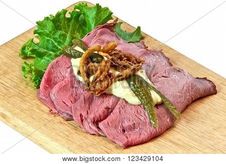 Scandinavian food, roast beef sandwich on white background