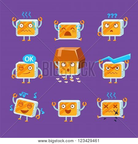 Little Robot Emoji Flat Vector Cartoon Style Funny Drawing On Violet Background