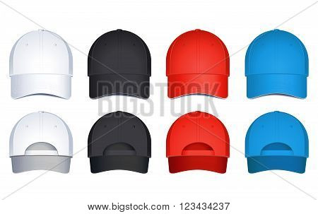 Vector caps, isolated on white background. Back and front view