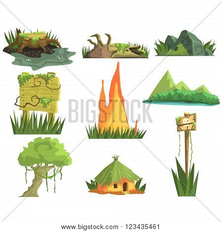Jungle Landscape Elements  Realistic Flat Vector Illustration Set For Video Game On White Background