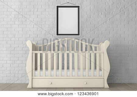 Baby Bed with Blank Photo Frame in front of Brick Wall. 3d rendering