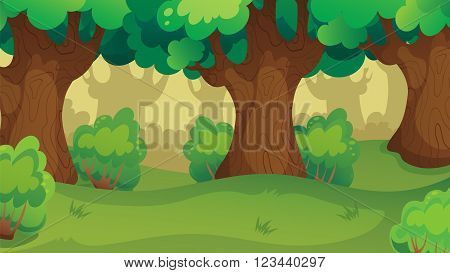 Vector cartoon game background of forest oakwood landscape
