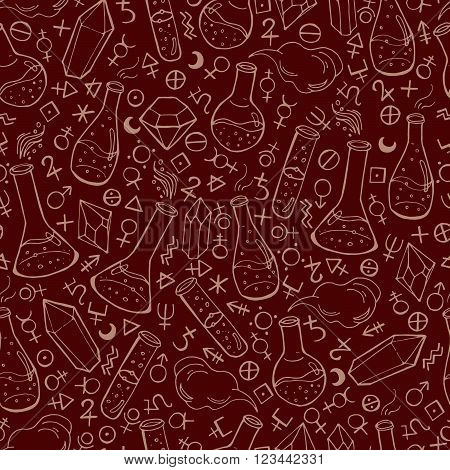 Seamless Pattern With Flasks And Alchemy Symbols