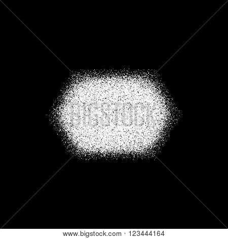 White abstract geometric shape, polygon, hex badge with film grain, noise, dotwork, grunge texture and black background for logo, design concepts, posters, banners, web and prints. Vector illustration