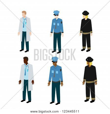 Medical, police and fire uniform for different people. Isolated