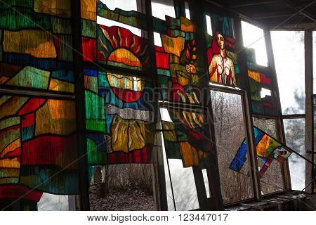 UKRAINE, PRYPIAT - MARCH 19, 2016: Buildings in the abandoned city of Pripyat
