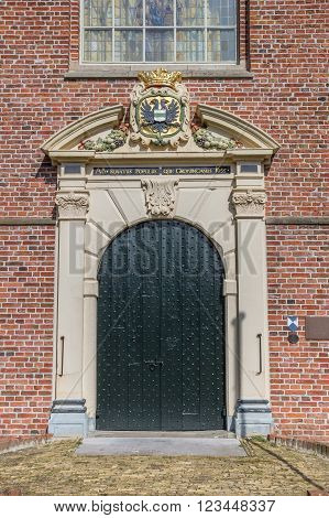 Door of the old church Koepelkerk in Sappemeer, Netherlands