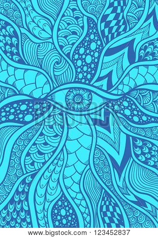 Zen doodle or Zen tangle texture or pattern with eye  in blue for wallpaper or for decorate package clothes or different things