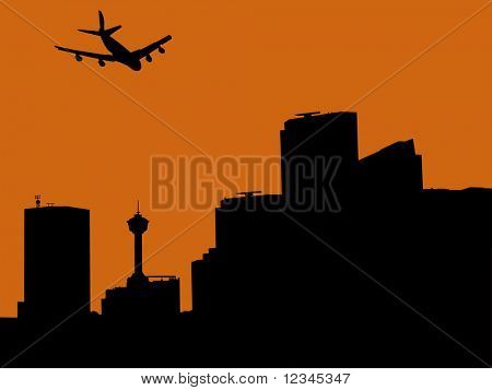 เครื่องบินมาในคัลการีที่ภาพพระอาทิตย์ตกดิน