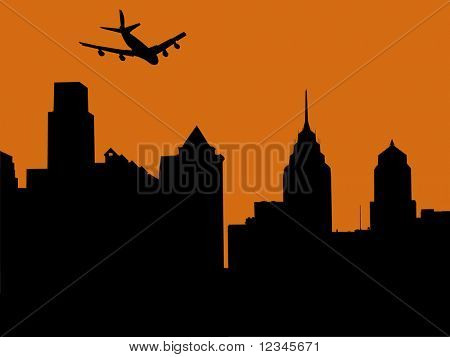 plane arriving in philadelphia at sunset illustration