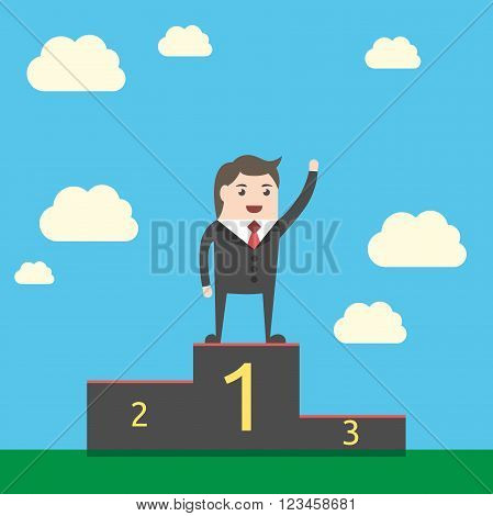 Happy triumphant businessman standing on pedestal on sky background. Man waving hand on victory podium. Achievement triumph. EPS 8 vector illustration no transparency