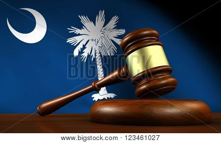 South Carolina law legal system and justice concept with a 3d Rendering of a gavel on a wooden desktop and the South Carolinian flag on background.