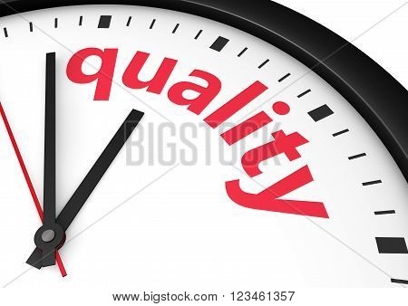 Quality time business and lifestyle concept with a clock and quality word and sign printed in red 3d rendering image.